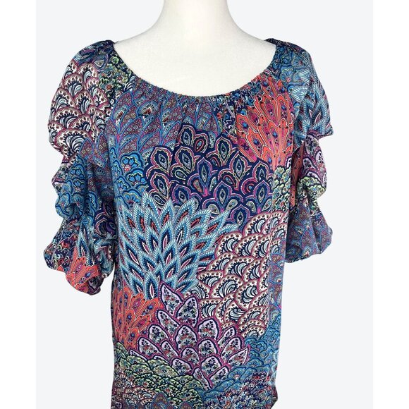 MSK Petite Womens Vibrant Multicolored Paisley Tunic Dress 3/4 Ruched Sleeves PM - Picture 4 of 14
